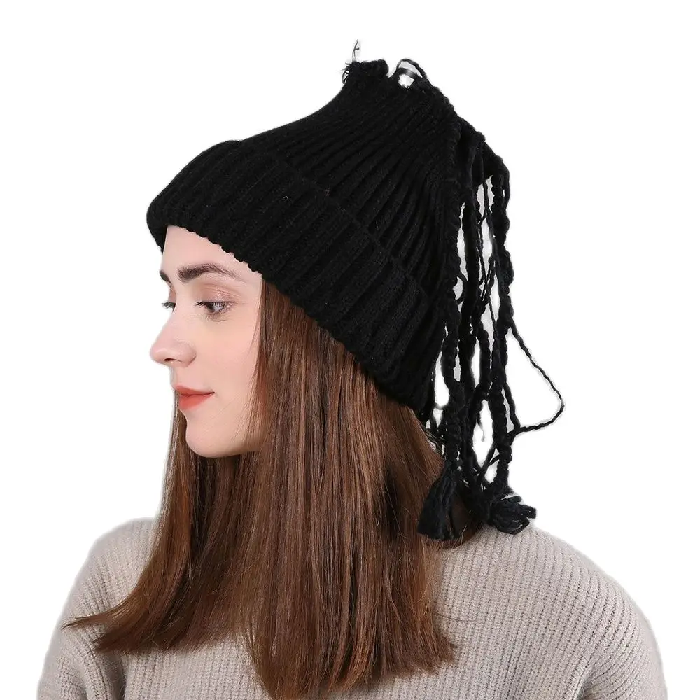 

Winter Man Women Braids Wig Knitted Woolen Hat Cute Hat Fluffy Black Bonnet Keep Warm S2546