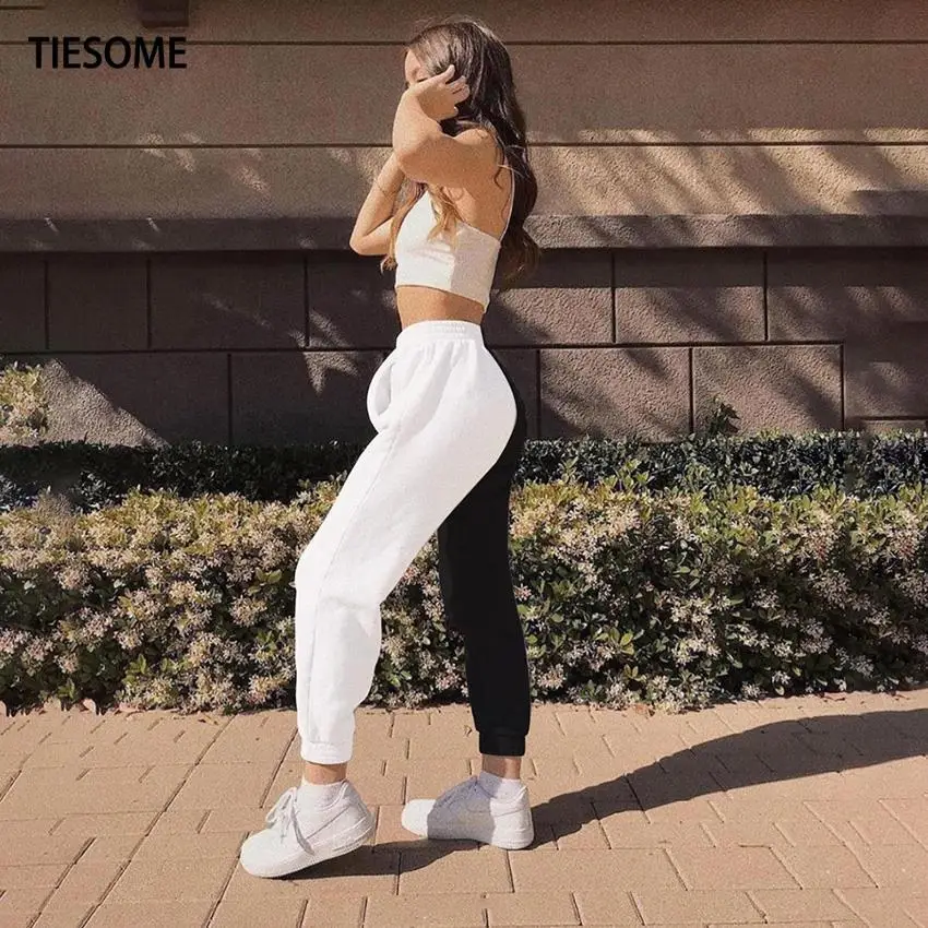 

TIESOME Women Jogger Sweatpants Casual White Black Patchwork Elastic Waist Trousers Pockets Hip Hop Contrast Color Lady Trouser