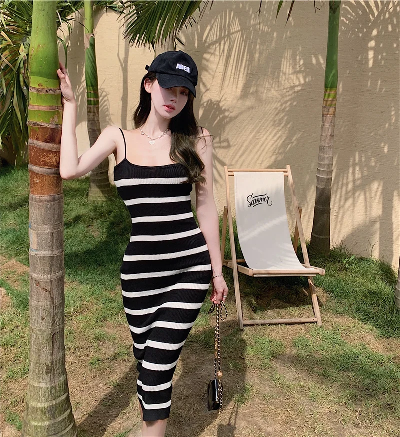 

CMAZ Dress For WomenKnitted Striped Suspender Dress For Women 2021 New Sneaky Design Fashion Sexy Younger Korean Style Long Dre