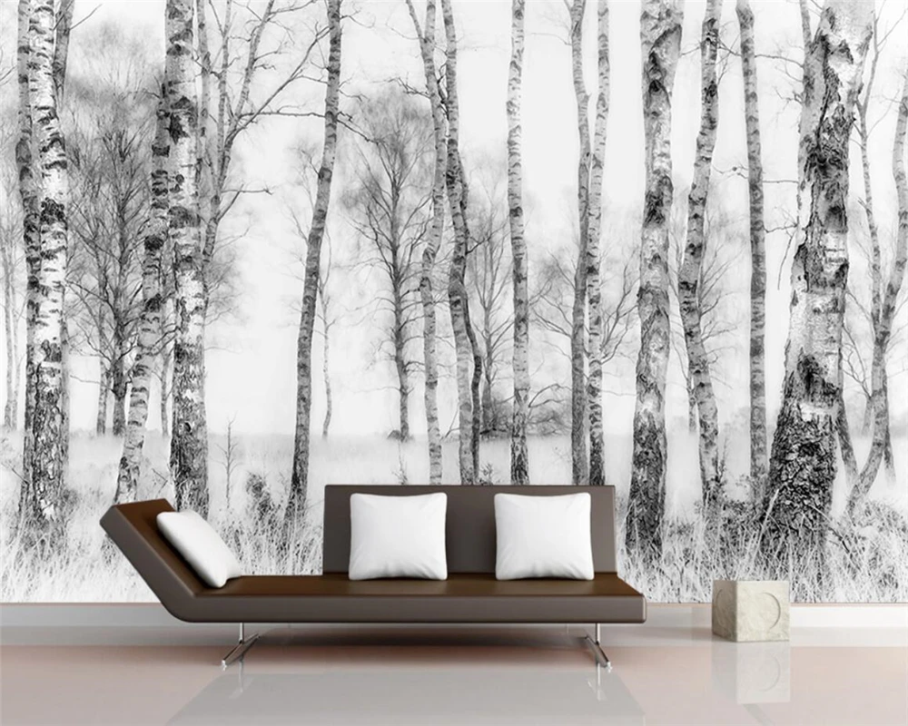 

beibehang Custom wallpaper photo black and white hand drawn white birch wood TV background furniture decoration 3d wallpaper