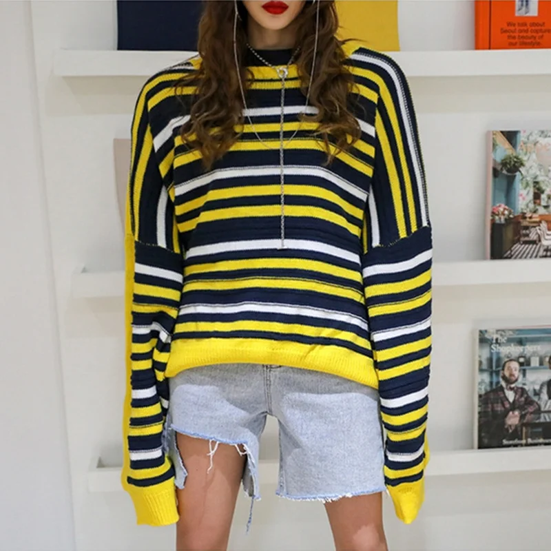 KINOMI Autumn Winter Rainbow Striped Women's Sweaters Bat Sleeve O-Neck Fashionable Korean Style Knitting Casual Tops 2019 New | Женская