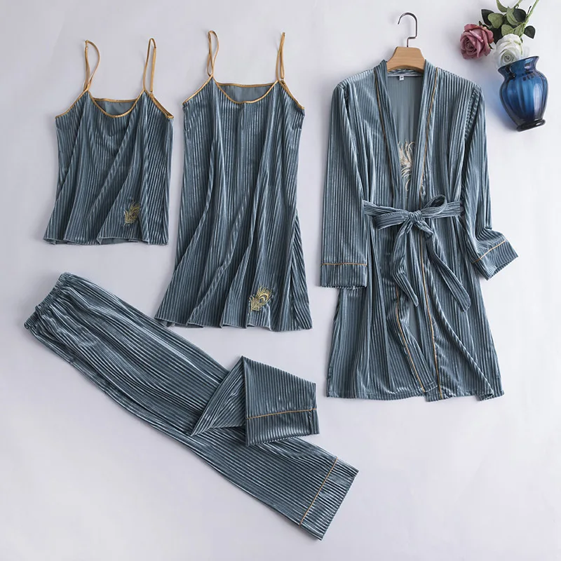 

Fiklyc underwear women's winter warm style velvet pajamas sets four-pieces sleeveless nightdress + bathrobe + tops + long pants