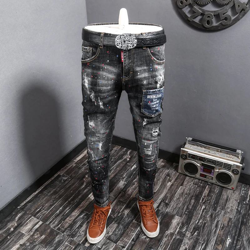 

Newly Designer 2021 Men Jeans Black Gray Elastic Slim Fit Painted Ripped Denim Pants Patch Pocket Streetwear Hip Hop Trousers
