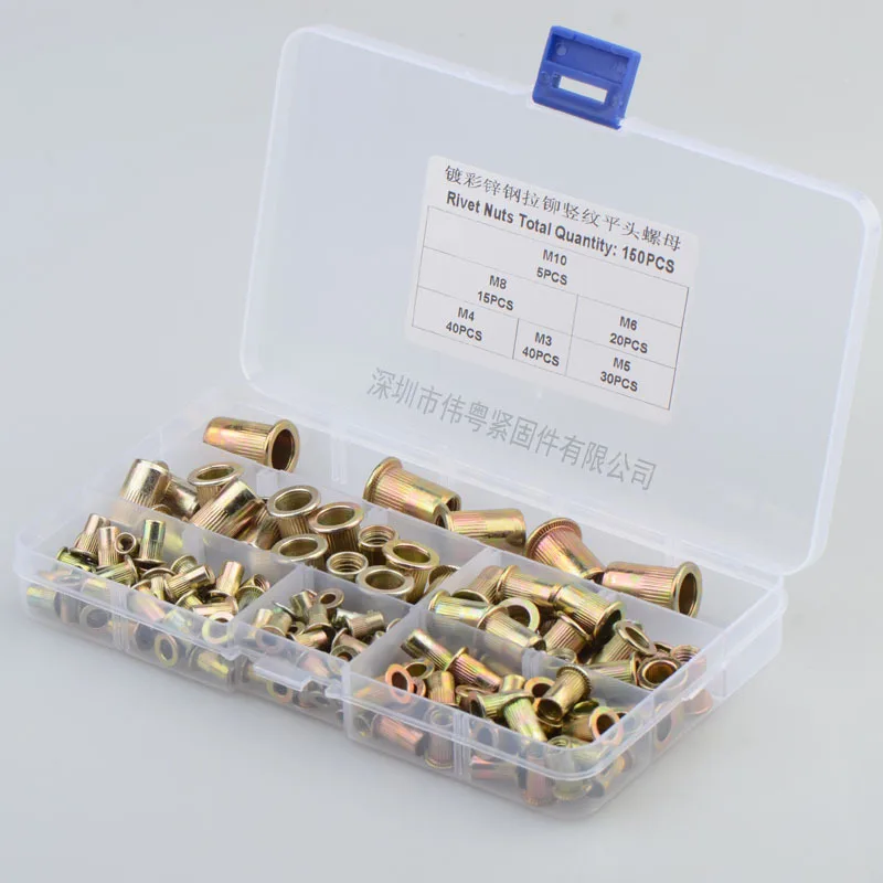 150 шт. набор резьбовых гайек с плоской головкой и вертикальной резьбой из цветного цинка, из углеродистой стали, размеры M3 M4 M5 M6 M8 M10.