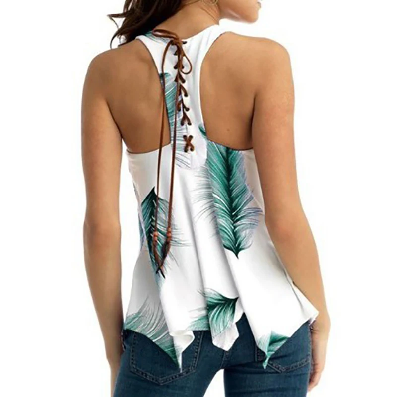 Блузка женская летняя без рукавов с принтом перьев | Женская одежда