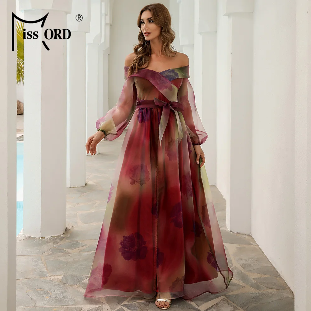 

Missord 2021 Sexy Off Shoulder long Lantern Sleeve Party Dress Female Lace Up Maxi Dress Evening Mesh Women's Dresses M01092-1