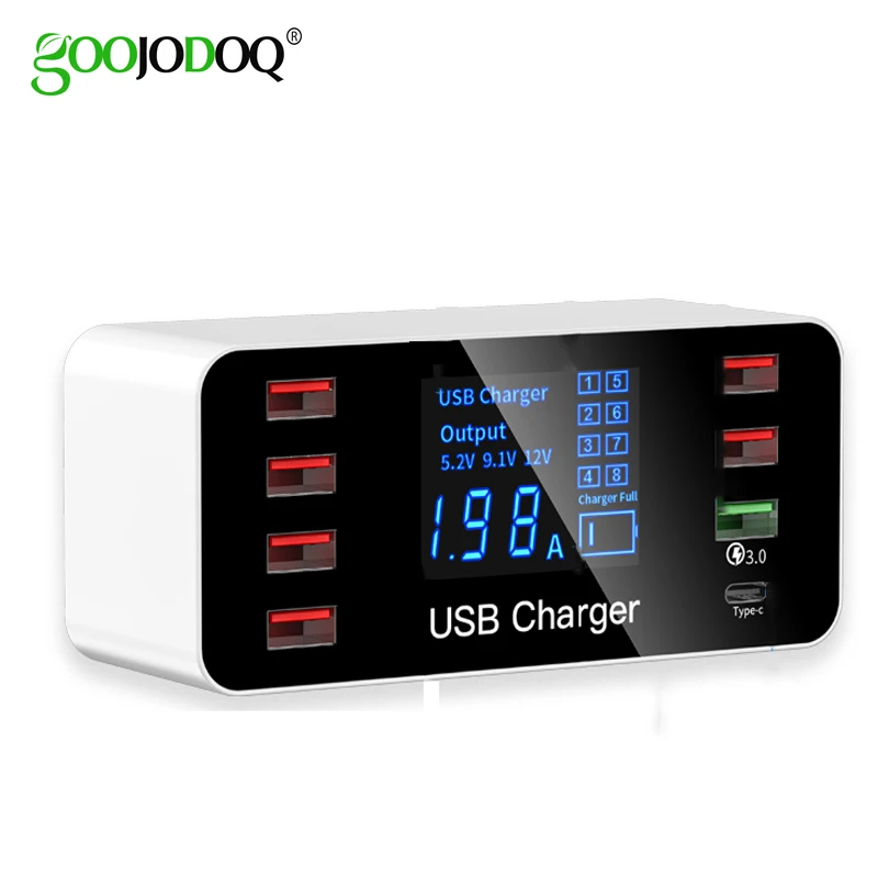 

GOOJODOQ 8 Port USB Type C Charger Smart LED Display Quick Charge 3.0 USB Fast Charging Adapter 40W with Smart IC Travel Charger