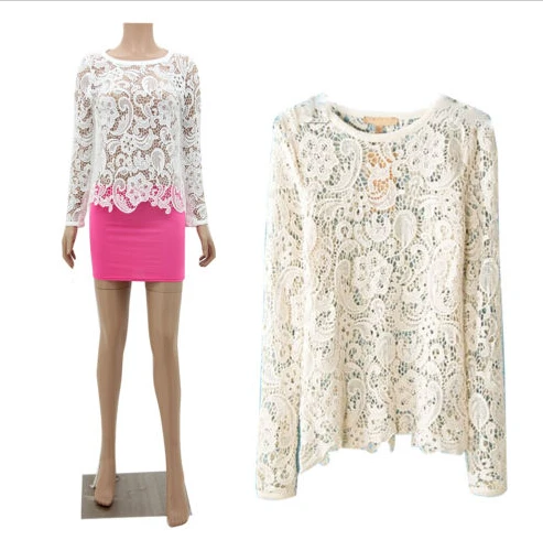 

Fashion Women Tshirt Lace Long Sleeve O-Neck Tops Tee White Beach Hollow Out Female Casual Tee Shirt