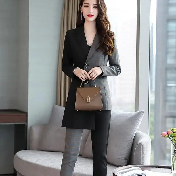 Autumn Irregular 2 Piece Set Women Office Work Top&amppants Plaid Lady Femme Woman Suit Tracksuit DC94 |