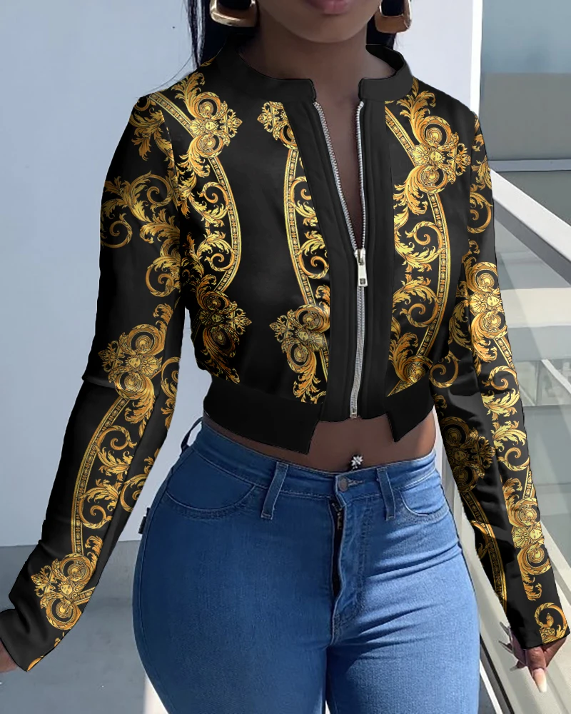 

Ninimour Autumn Women Vintage Print Zipper Front Short Jacket 2021 Femme Patchwork y2k Crop Coat Lady Outfits FashionClothing