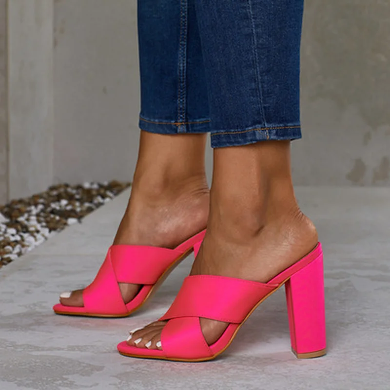 

solid color cross strap high heels are suitable for 35-42 large square root slippers comfortable and fashionable ladies slippers