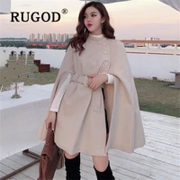 rugod korean new style solid color loose cape coat collect waist woolen medium long coat women winter tops for woman