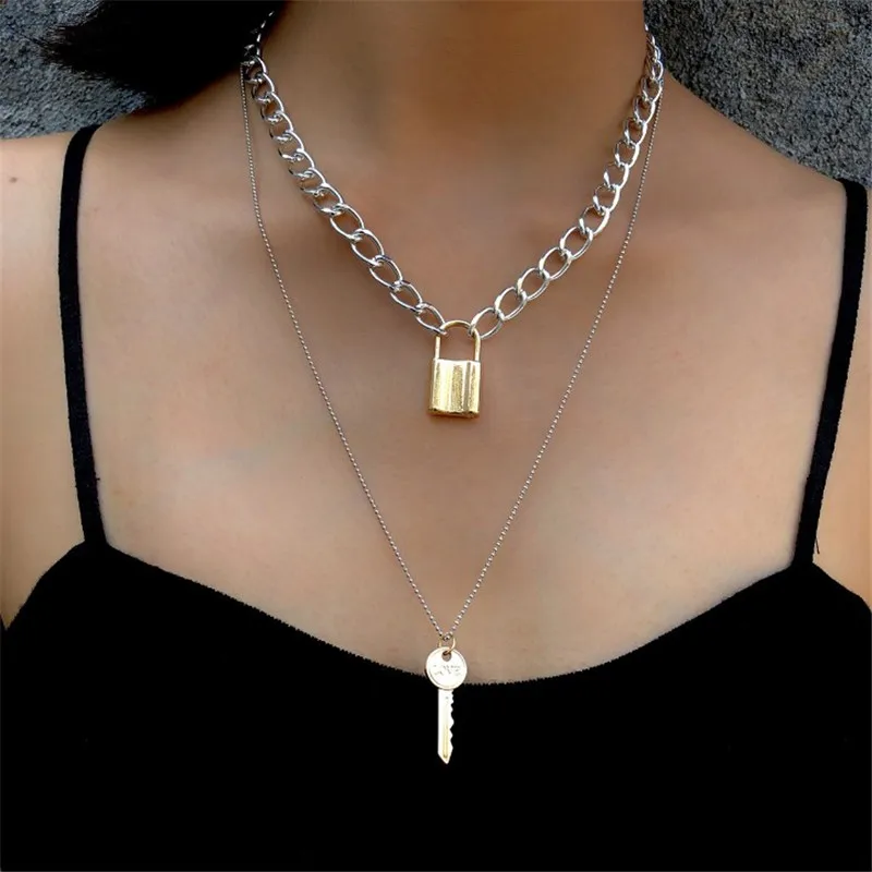 Подвеска в виде ключа и замка многослойная цепочка на шею подвеска стиле панк