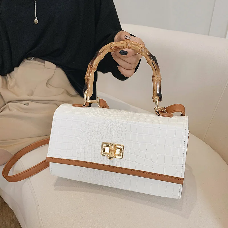 

PU Small Square Bag 2021 New Crocodile Pattern Bamboo Handal Women Bag Fashion Personality Retro One-shoulder Handbag