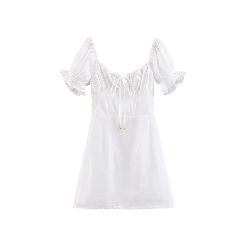 

French Court Style Retro Square Neck Bubble Sleeve Waist Slim Chest Lace Up White Dress Holiday Skirt Girl