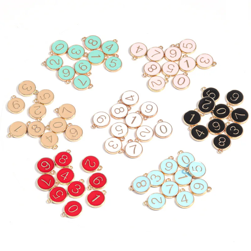 Enmal Number 0-9 Charms Zinc Based Alloy Enamel Pendants Gold Color Mixed For DIY Jewelry Making 14*12mm, 1 Set ( 10 PCs/Set)