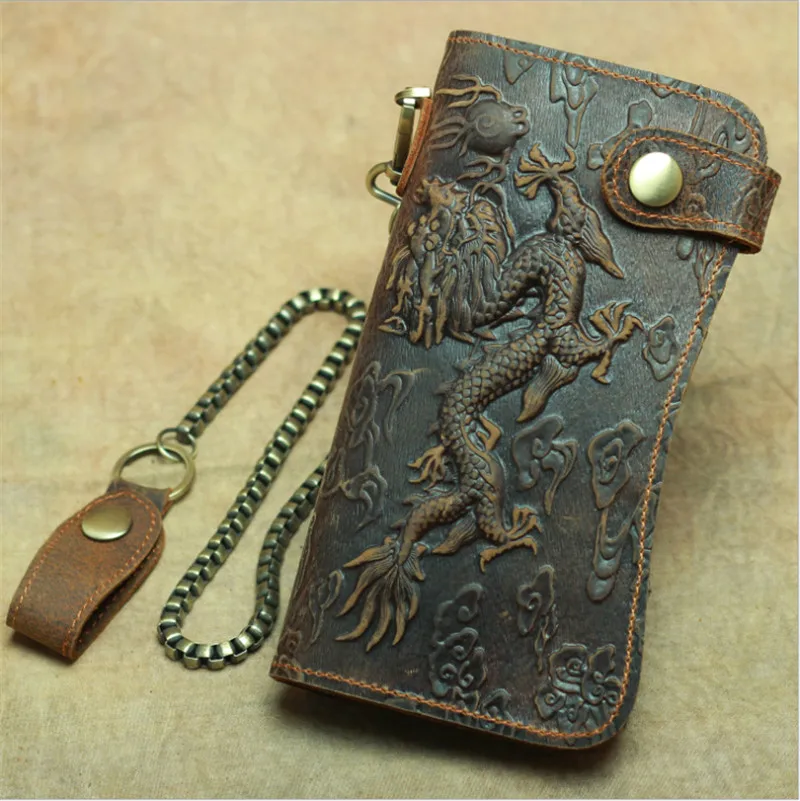 ALAVCHNV Новый Ретро мужской кожаный Длинный кошелек с изображением дракона для