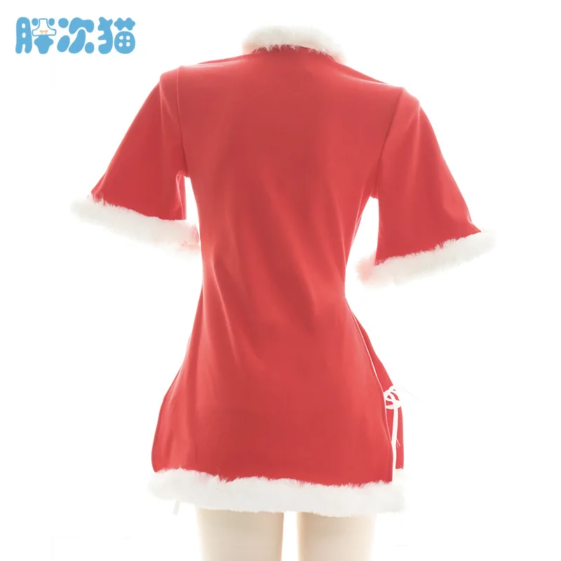 

Chinese Style Christmas Red Underwear Set Lovely Party Dress Sexy Lolita Girl Open Chest Velvet Cheongsam Nightdress Set Cosplay