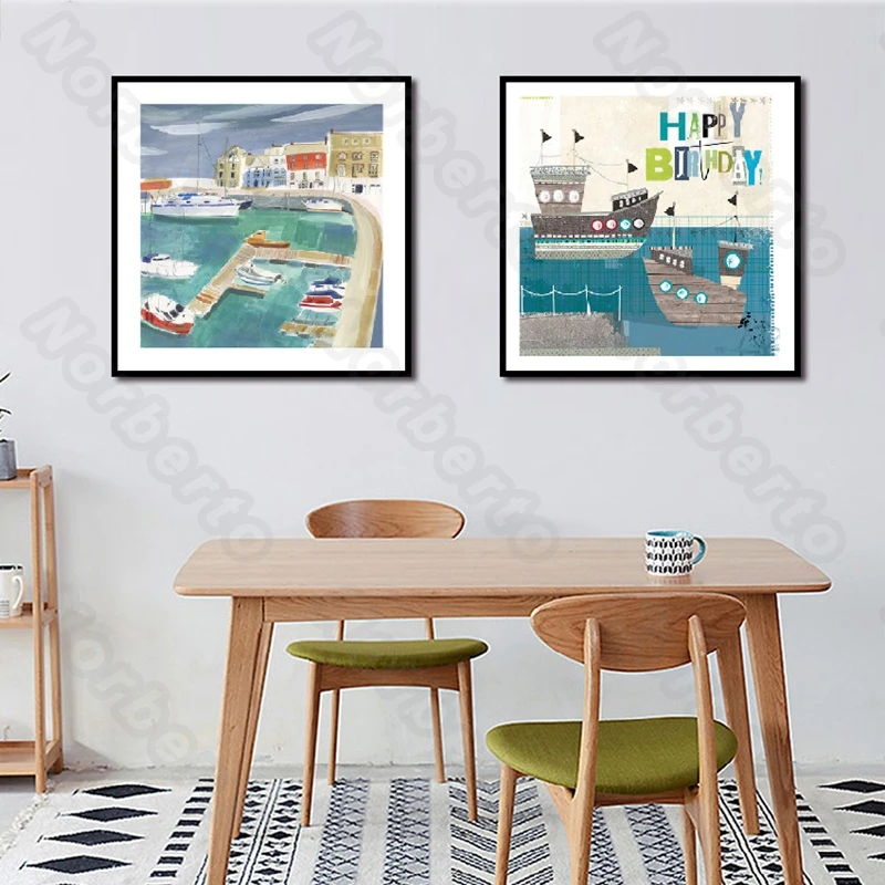 

Canvas Painting Wall Poster Small Grey Boats Blue Some Houses Letters Happy Birthday for Home Rooms Children's Bedroom Decoratio