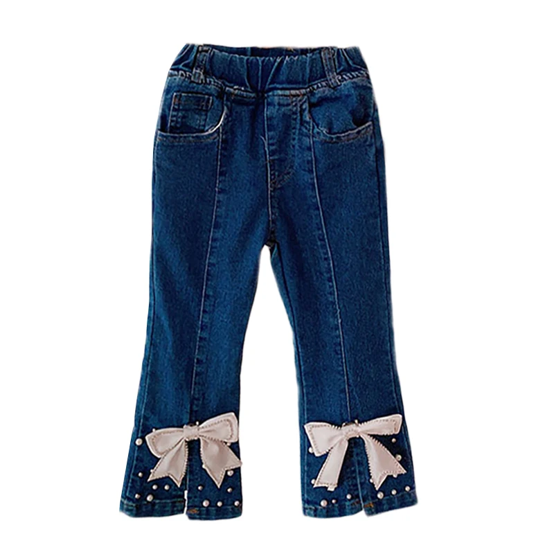

Girls Casual Solid Color Jeans Children's Clothes Girls Fashionable Denim Trousers with Side Pearls Kids Jeans Bell Bottoms