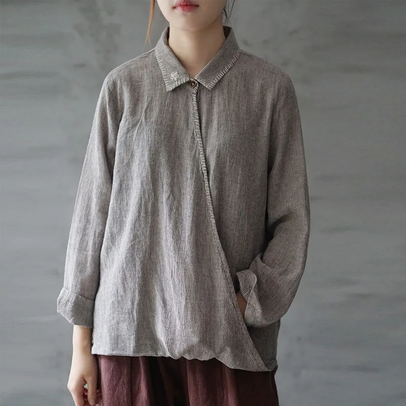 Новинка 2020 Повседневная рубашка в полоску с вышивкой и отложным воротником