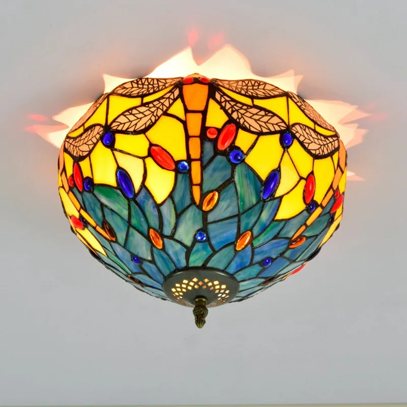 

30cm European-Style Retro Yellow Base Dragonfly Multi-Color Glass Restaurant Bedroom Aisle Corridor Bathroom Glass Ceiling Lamp