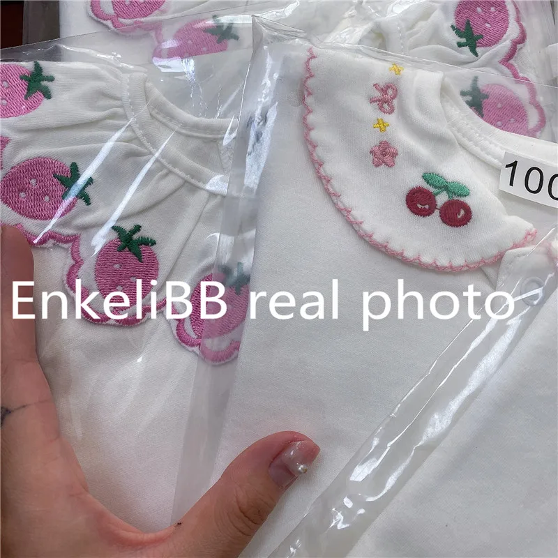 EnkeliBB/белая блузка с длинными рукавами в Стиле Лолита для маленьких девочек; базовые Топы с вышивкой клубники и вишни; качественные белые блузки для маленьких девочек
