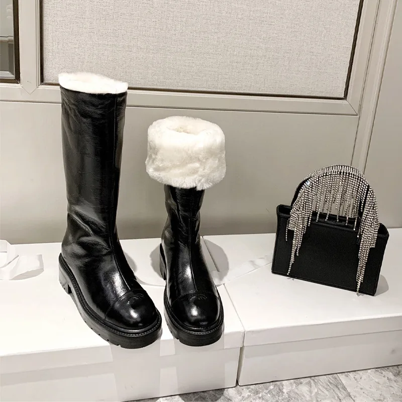 

Ботинки женские из лакированной кожи на толстой подошве, теплые ботинки средней длины с круглым носком, меховая шерстяная теплая зимняя обу...