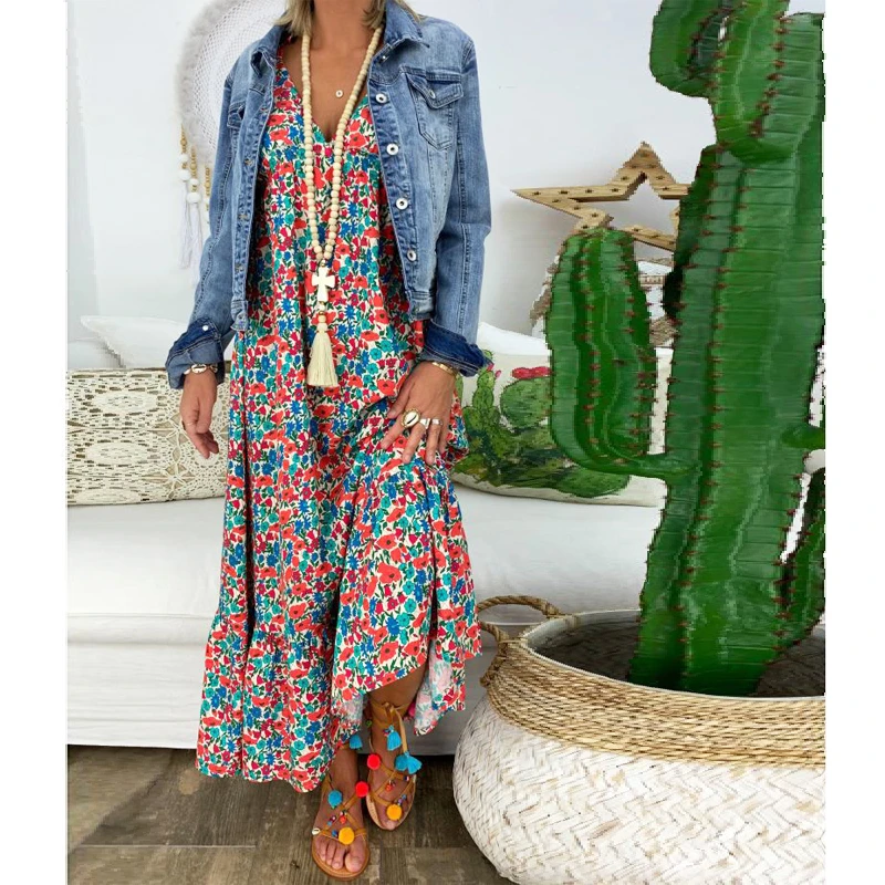 

Women Boho Style Maxi Long Dress Summer V Neck Spaghetti Strap Sexy Bohemian Floral Print Floor-length Vintage Beach Dress XXXL