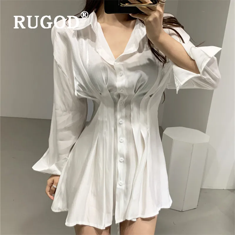 RUGOD Korean chic Floodlight women dress Elegant turn-down collat slim office ladies mini party Casual solid tunic dresses | Женская