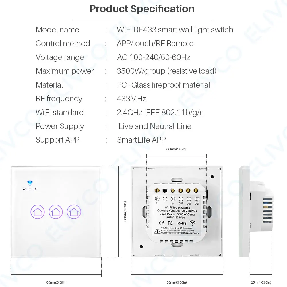 

Smart WiFi Switch 3Gang Glass Panel Light Touch Switch RF433 Smart Life Tuya APP Remote Control Works With Alexa Google Home