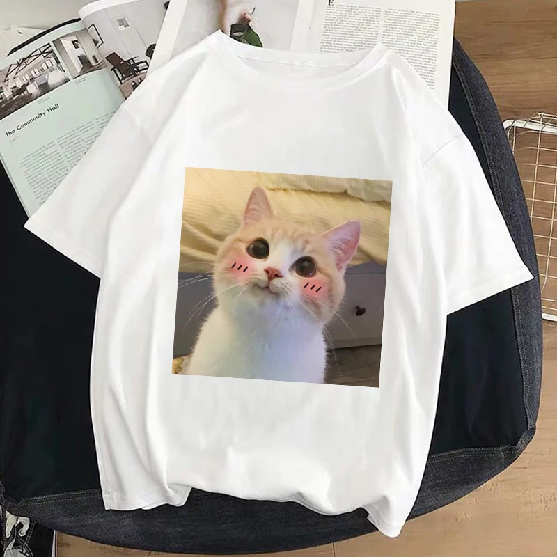 Футболка женская белая с принтом кошки Y2k |