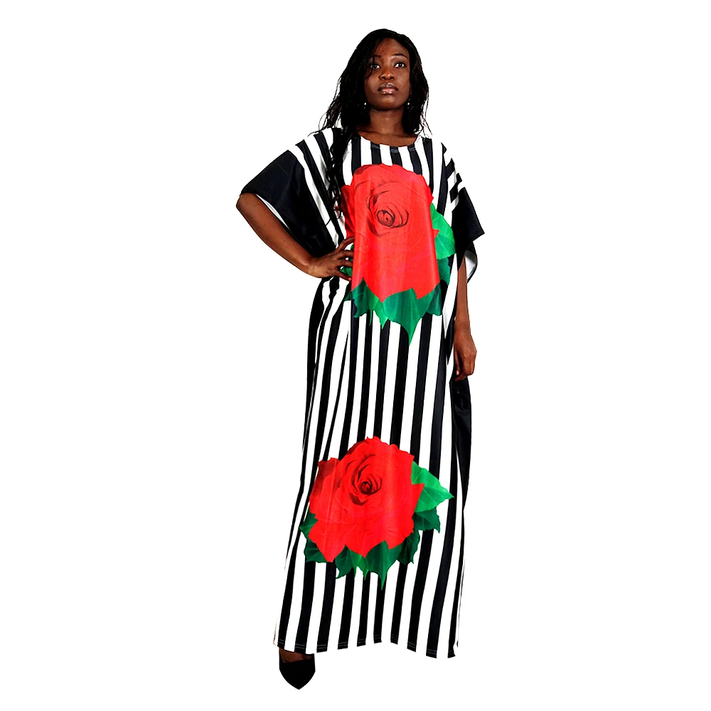 

Vintage Maxi Long Dress Women Batwing Sleeve Striped Floral Elegant Dress 2020 White and Black O Neck Boho Ankle-Length Vestidos