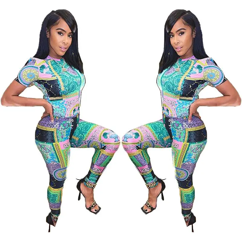 

2021 New Fashion European and American Ladies Printed Casual Fashion Printed Slim Two-Piece Suit