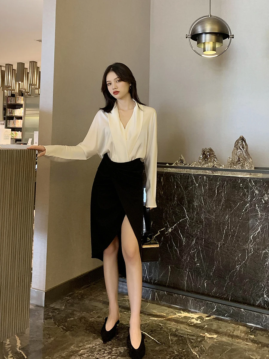 

Long Split Skirt High Waist Polyester Vintage Sexy Irregular Bodycon Fashion Skirt Wrap Hip Faldas Mujer Womens Clothes DE50BSQ