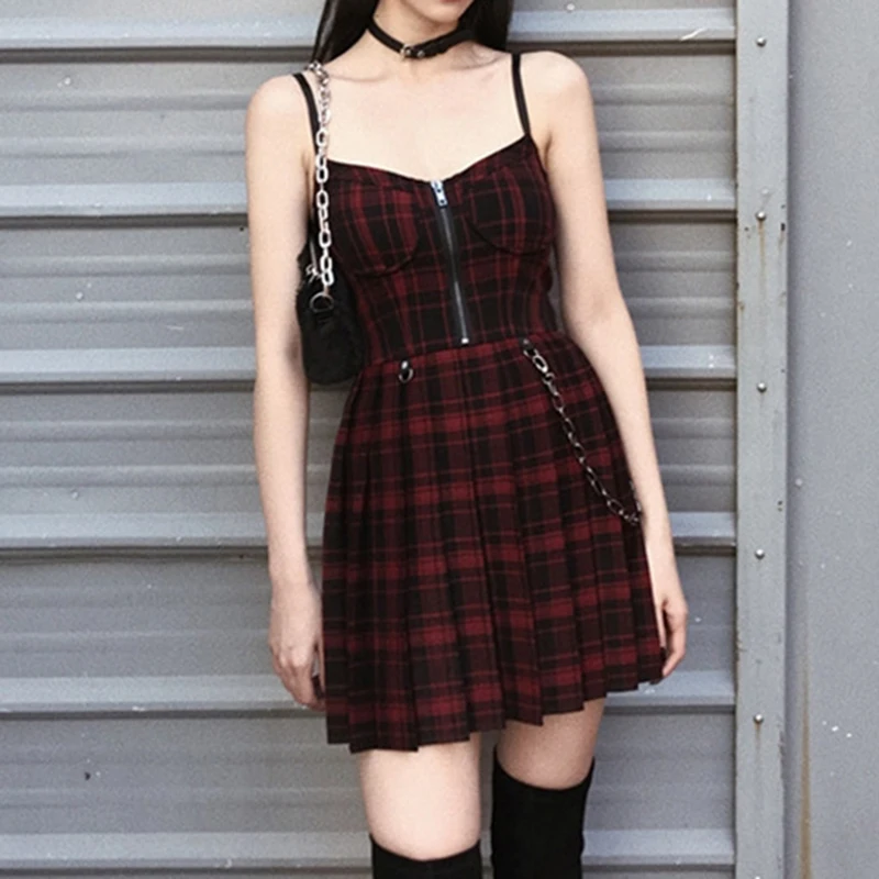

Gothic Girls Plaid Pleated Punk Dress Preppy Style Red Black Spaghetti Strap Sexy Sleeveless Mini Short Dresses Goth Streetwear