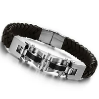 fashion men jewelry black braided genuine leather bracelet men stainless steel cuff bracelets bangles men jewelry