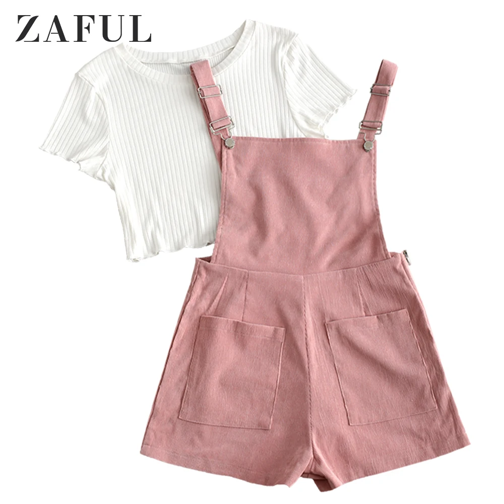 

ZAFUL Pockets Corduroy Pinafore Straps Romper with Top Ladies Playsuits Sexy Tank Short Summer Casual Loose Women Jumpsuits