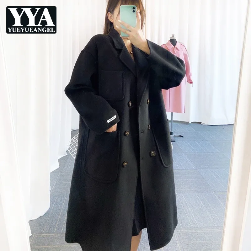 

Женское двубортное шерстяное пальто, однотонная элегантная удлиненная офисная верхняя одежда в Корейском стиле с отложным воротником и ка...