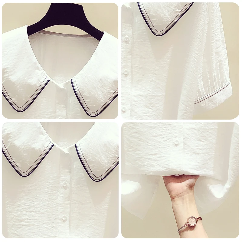 

2021 Year Summer new Solid Shirt Women Blouse Thin Blue Multi Style Short Shirts Five Codes Peter pan Collar Office Lady