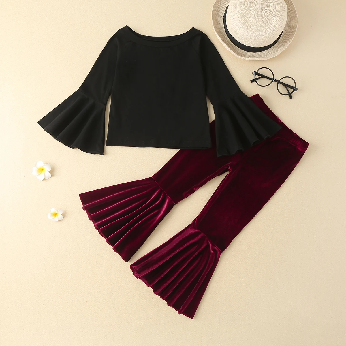 

Girls' suits, children's spring and autumn long-sleeved trumpet sleeves, two-piece suit, fashion clothing for little girls