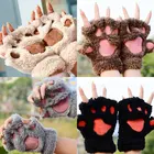 Зимние перчатки из искусственного меха с медведем и когтями Симпатичные митенки без пальцев теплые плюшевые перчатки с кошачьими лапами женские перчатки с котятами на Хэллоуин для женщин и девочек