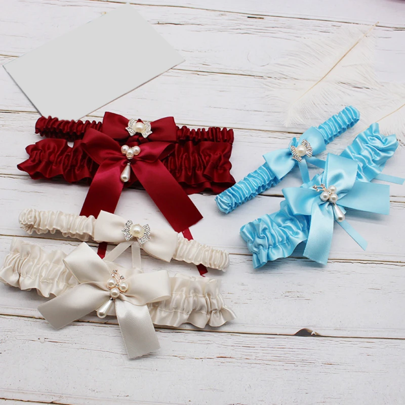 

2pcs Wedding Garter Bride Souvenir Garters Satin Bowknot Pearl Crystal Wedding Garter Belt Toss Sets Leg Garter For Ladies