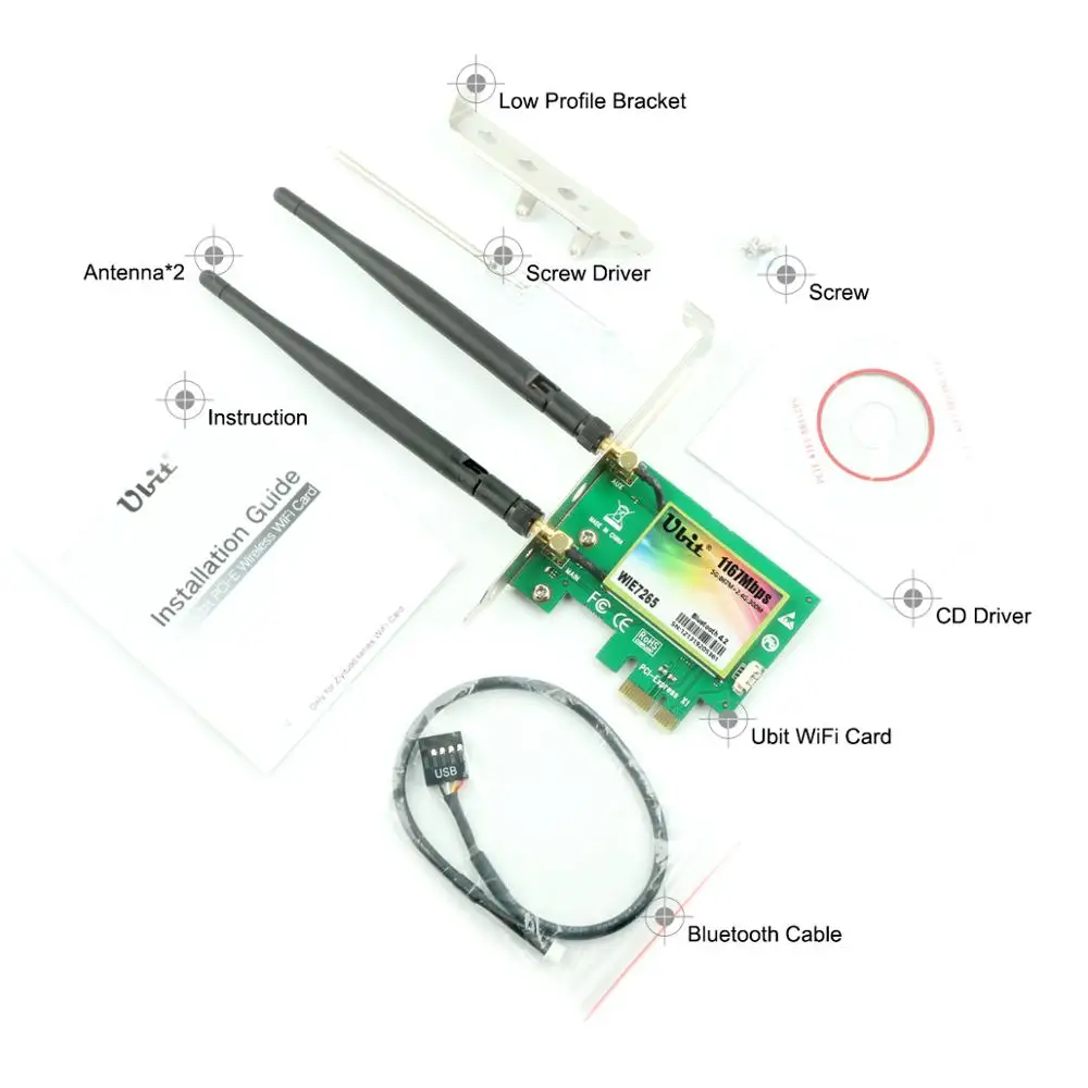 Ubit Bluetooth WiFi  AC 1200 / 7265  Wi-Fi PCIe   Wi-Fi 5 /2, 4 GHz Dual Band PCI Express