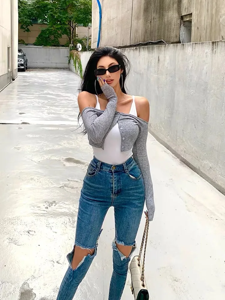 XIBANI топ с открытыми плечами женский сексуальный + мини однобортный короткий