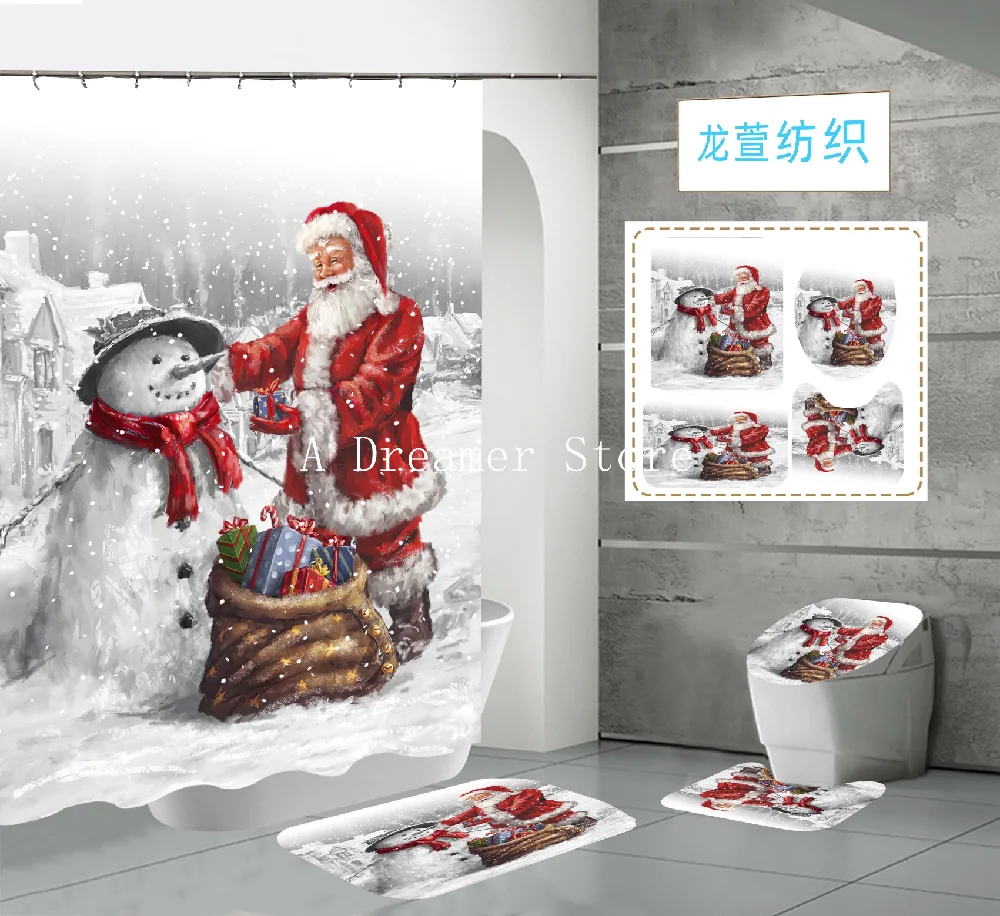 

Santa Claus Snowman Printed 3D Shower Curtain Set Christmas Cartoon Home Decoration Bathroom Curtains With Rugs Non-slip Bat Mat
