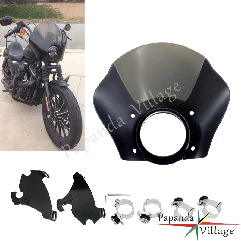 

Smoke Windshield Gauntlet Headlight Headlamp Fairing w/ Mounting Clamp Bracket for Harley Sportster Dyna Street Bob XL FXD FLD