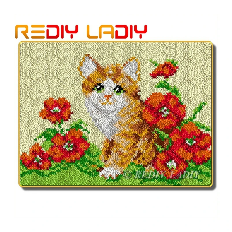 Latch Hook Rug Kits Crocheting Carpet Kitten Flowers Acrylic Yarn Pre-Printed Canvas Cushion Mat DIY Crochet Tapestry Crafts | Дом и сад