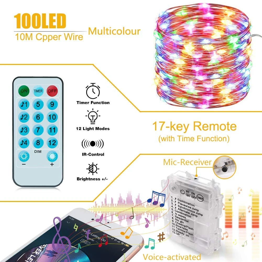 Светодиодная гирлянда на батарейках 5 м 10 светодиодная с музыкальной активацией