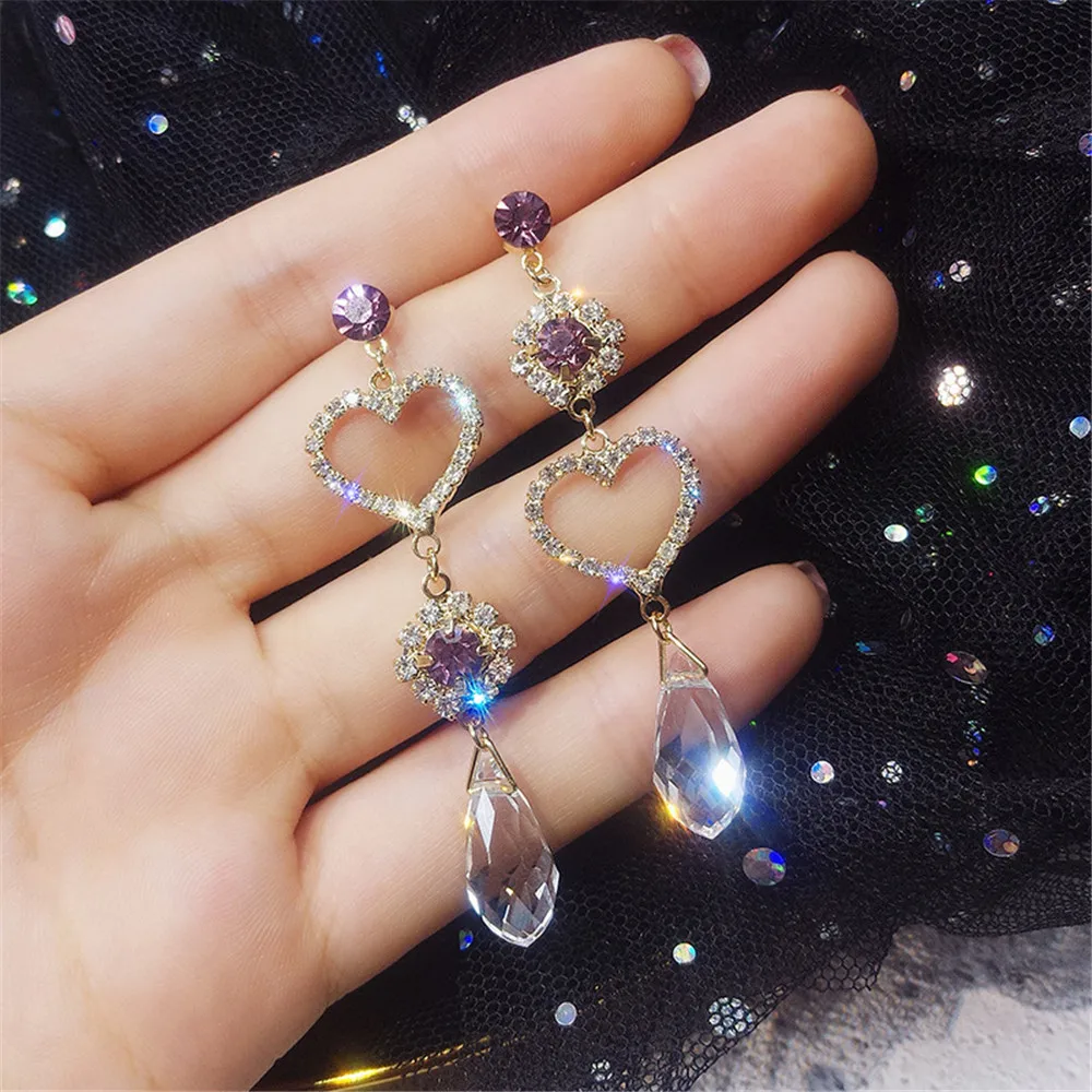 SexeMara 2019 Korean New Fashion Earrings Transparent Crystal Beads Love Heart Asymmetry For Women Rhinestone Brincos | Украшения и